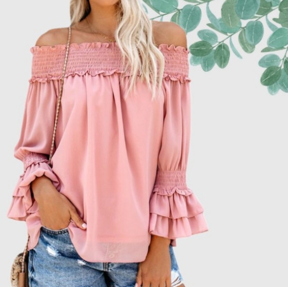 Restocked! Smocked Off Shoulder Ruffled Bell Top - Picture 3 of 6